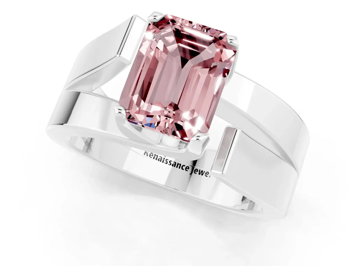 Modern Tension Set Emerald Cut Morganite Solitaire Wide Band Ring Platinum