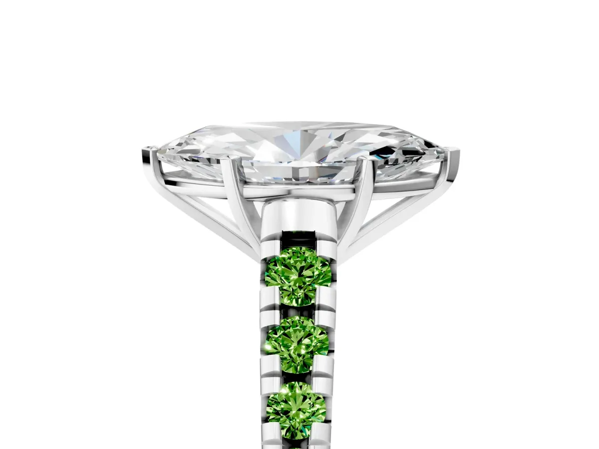 Marquise Cut Diamond Cathedral Solitaire Ring with Round Peridot Pavé Band Silver
