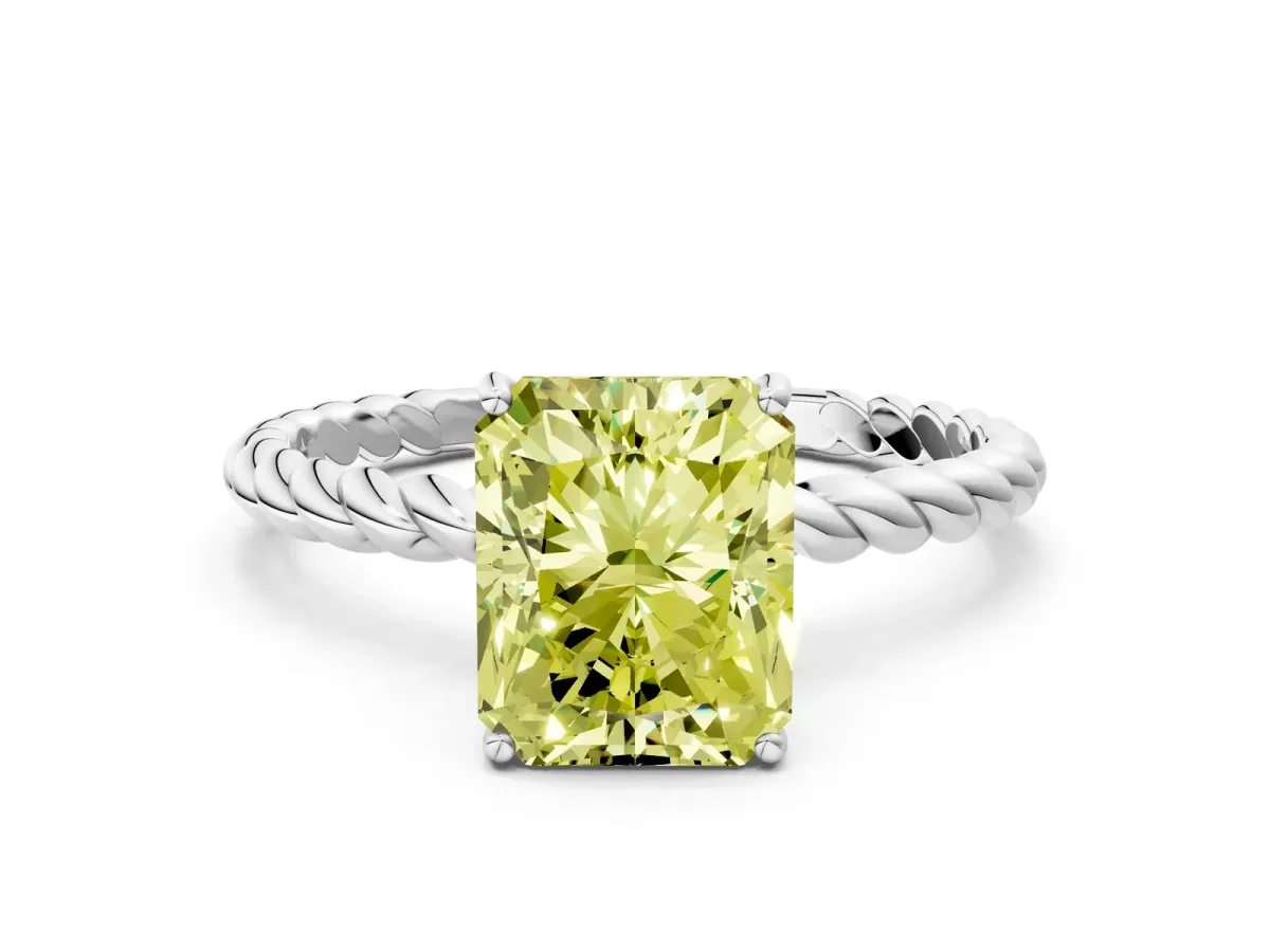 Fancy Yellow Radiant Cut Solitaire Twisted Band 4-Prong Ring Platinum