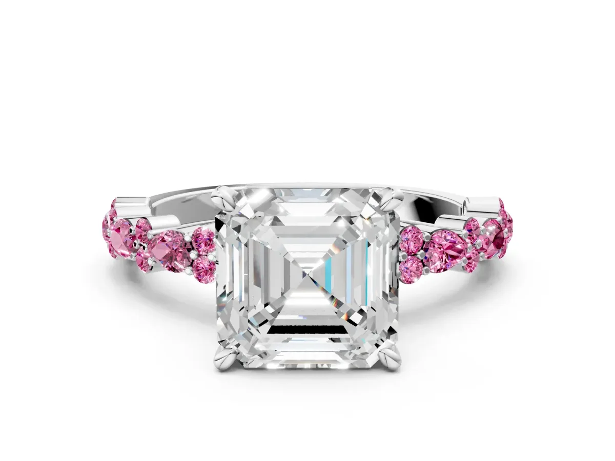 Asscher Cut Diamond Side Stone Solitaire Ring with Round Pink Sapphire and Four-Prong Setting Silver