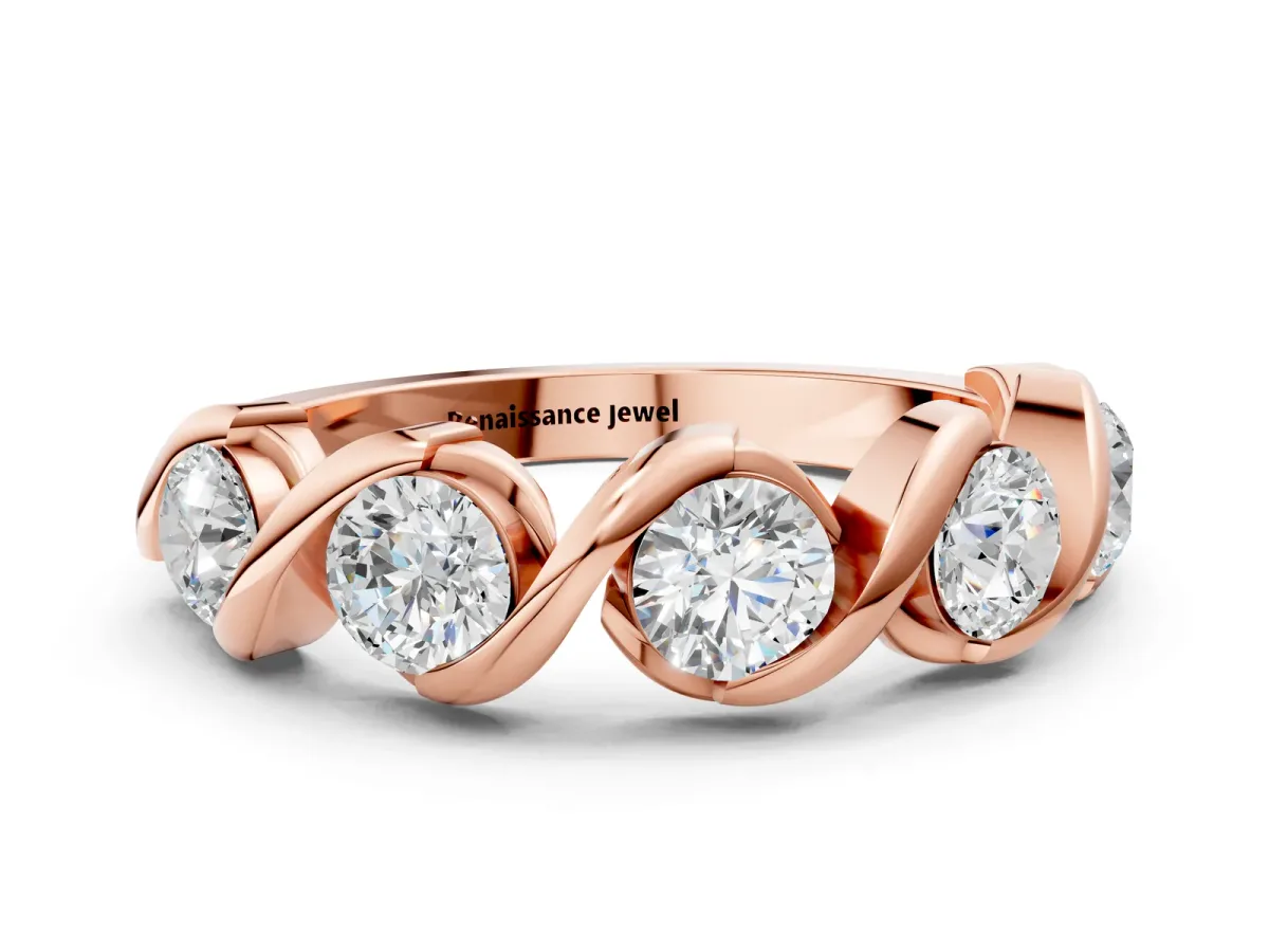 Round Diamond Wave Band with Channel Setting and Shared Prongs Rose gold