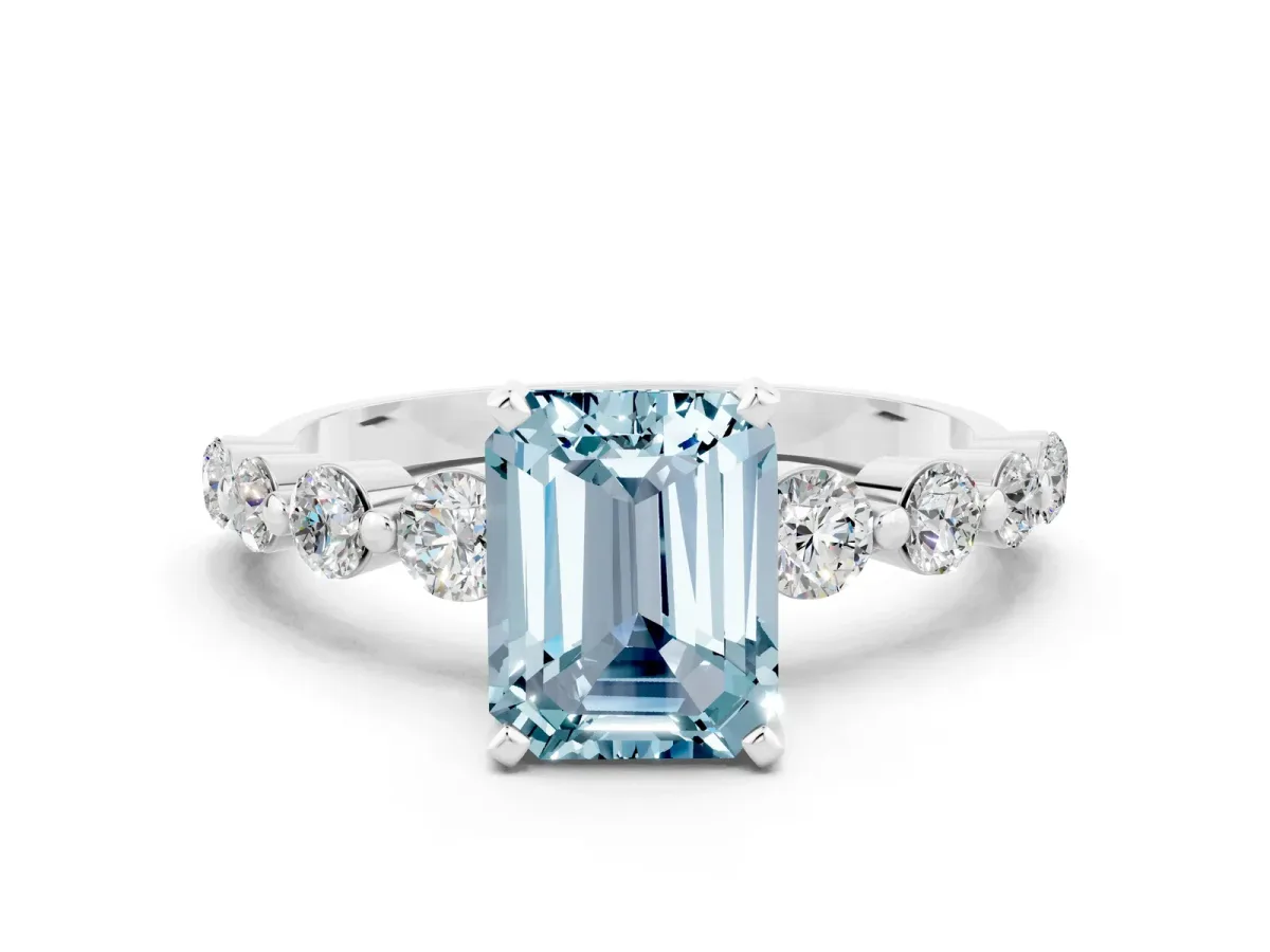 Emerald Cut Solitaire Aquamarine Ring with Pave Band and Four-Prong Setting Silver
