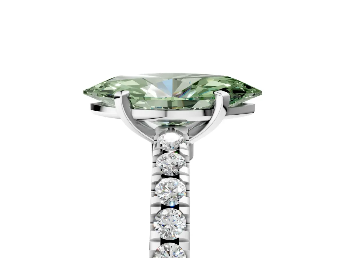 Fancy Green Marquise Cut Solitaire Diamond with Pavé Band and Four-Prong Setting Silver