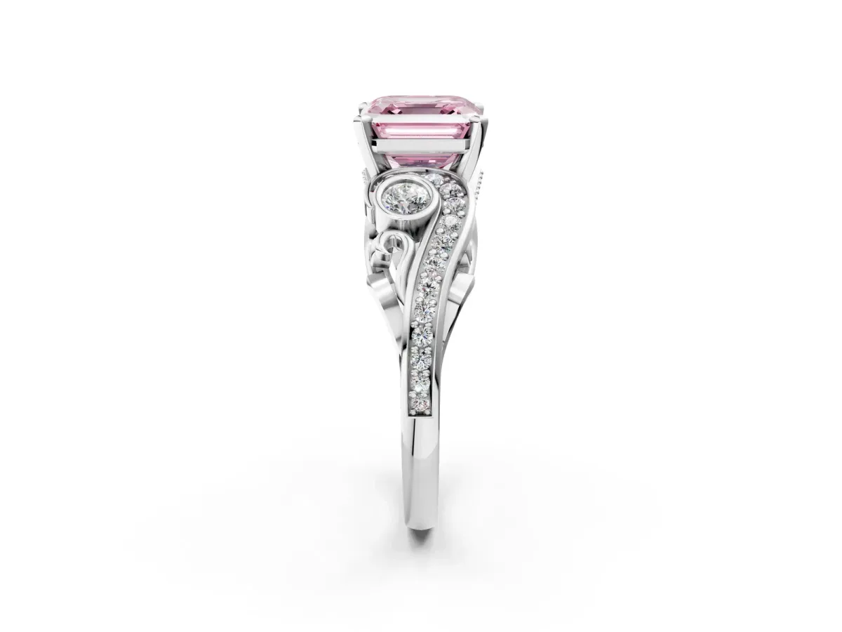 Fancy Pink Asscher Cut Diamond Solitaire Ring with Milgrain Pavé Band and Four-Prong Setting Silver