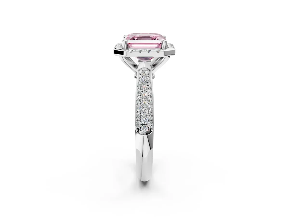 Fancy Pink Asscher Cut Cut Halo Pave Band Four-Prong Setting Ring Platinum