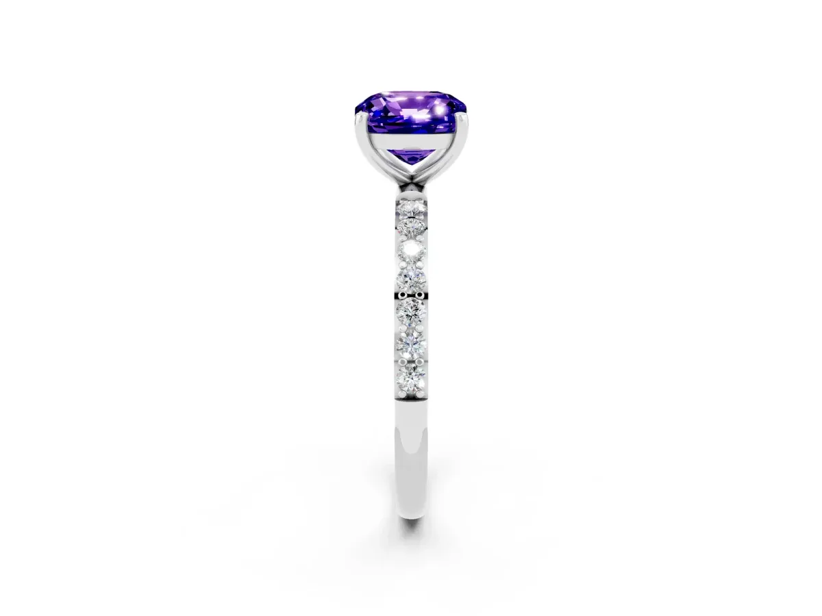 Cushion Cut Tanzanite Solitaire Ring with Round Pavé Band and Prong Setting Silver