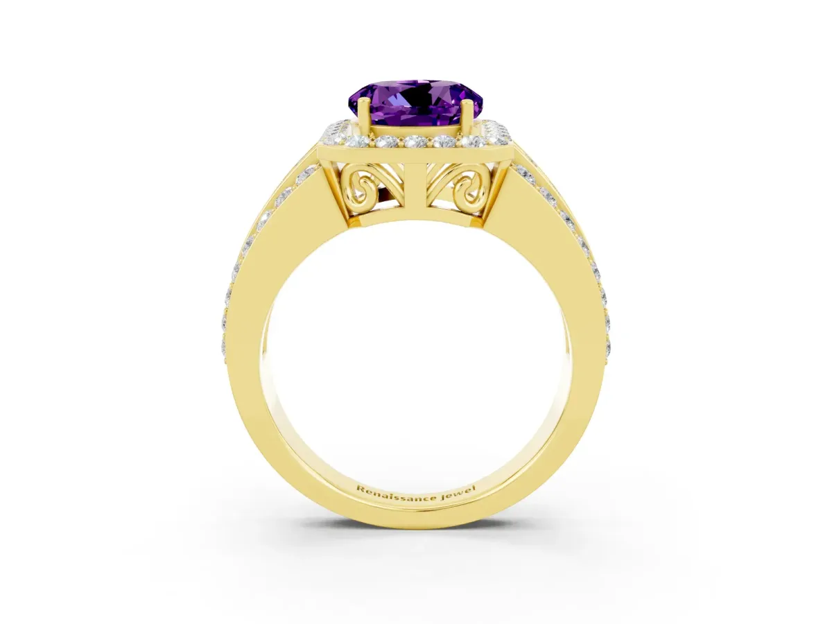 Round Cut Halo Amethyst Ring with Round Split Shank and Prong Setting Yellow gold