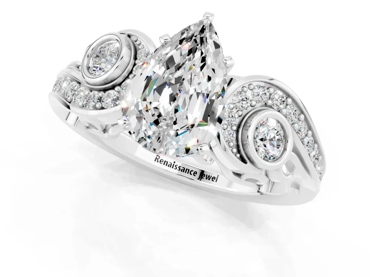 Pear Cut Moissanite Solitaire Ring with Milgrain Pavé Band and Four-Prong Setting Silver