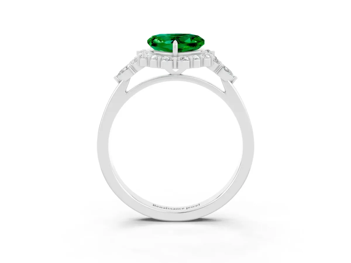 Heart Cut Emerald Halo Ring with Pear Side Stones and Prong Setting Silver