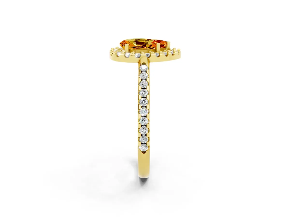 Pear Cut Citrine Pavé Halo Ring with Four-Prong Setting Yellow gold