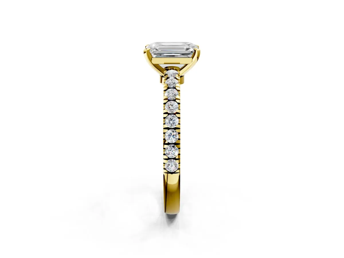 Emerald Cut Solitaire Diamond with Pavé Band and Four-Prong Setting Yellow gold