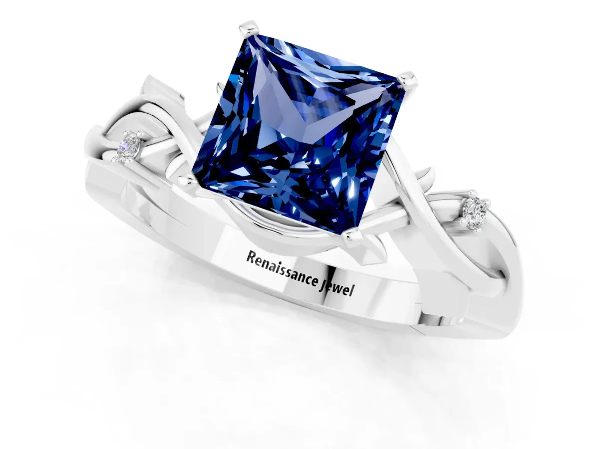 Princess Cut Blue Sapphire Solitaire Ring with Twisted Band and Prong Setting Silver