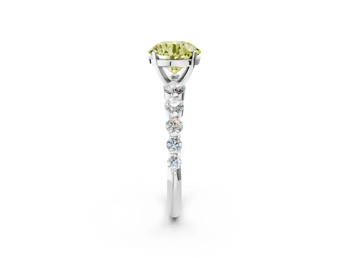 Fancy Yellow Round Cut Solitaire Diamond Ring with Pave Band and Four-Prong Setting Platinum