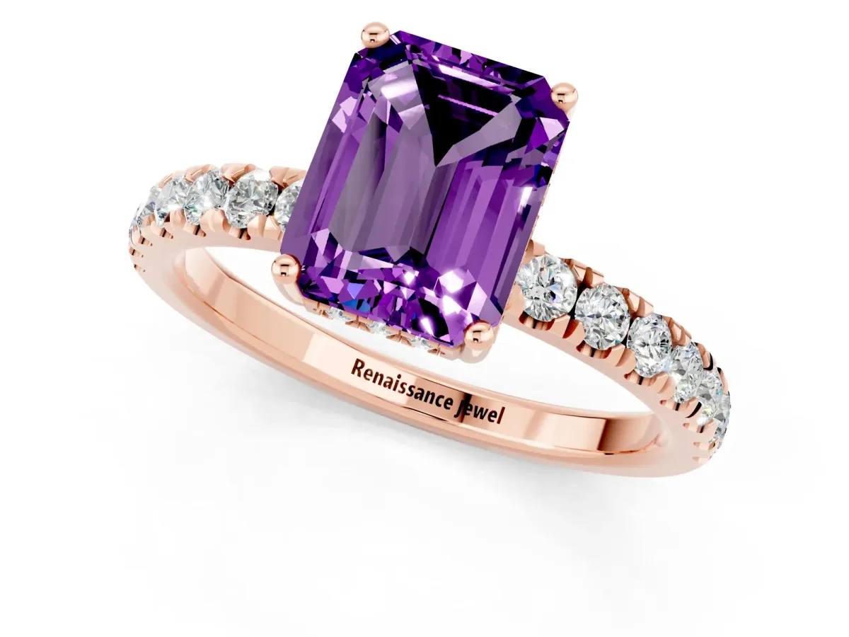 Emerald Cut Amethyst Pave Band Solitaire Ring with Round and Prong Setting Rose gold