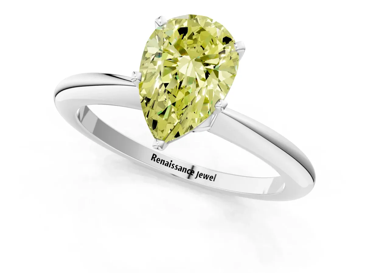 Fancy Yellow Pear Cut Diamond Solitaire Ring with Six-Prong Setting and Classic Band Platinum