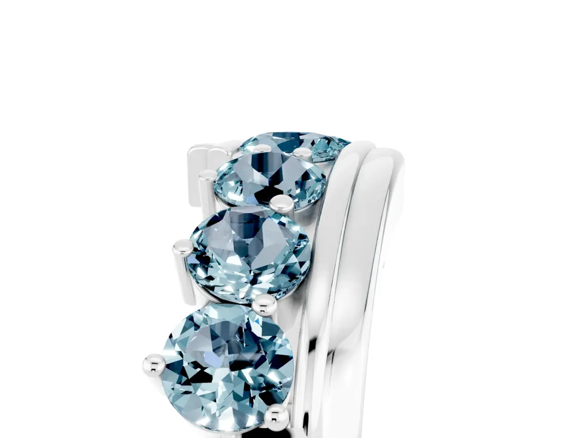 Round Aquamarine Wave Band with Channel and Shared Prong Setting Platinum