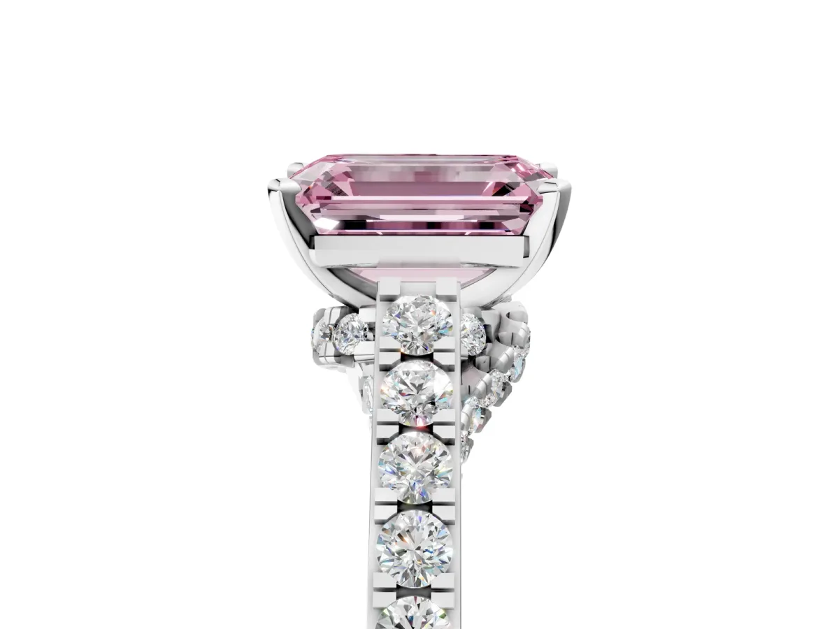 Fancy Pink Emerald Cut Diamond Solitaire Ring with Crossover Gallery and Round Pavé Band Silver