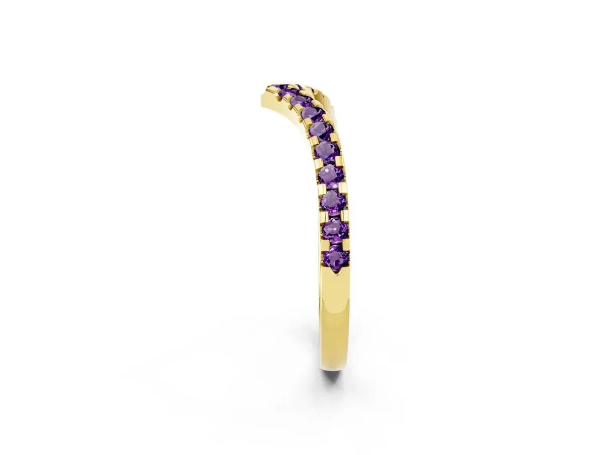Pavé Round Amethyst Chevron Band with Shared Prong Setting Yellow gold
