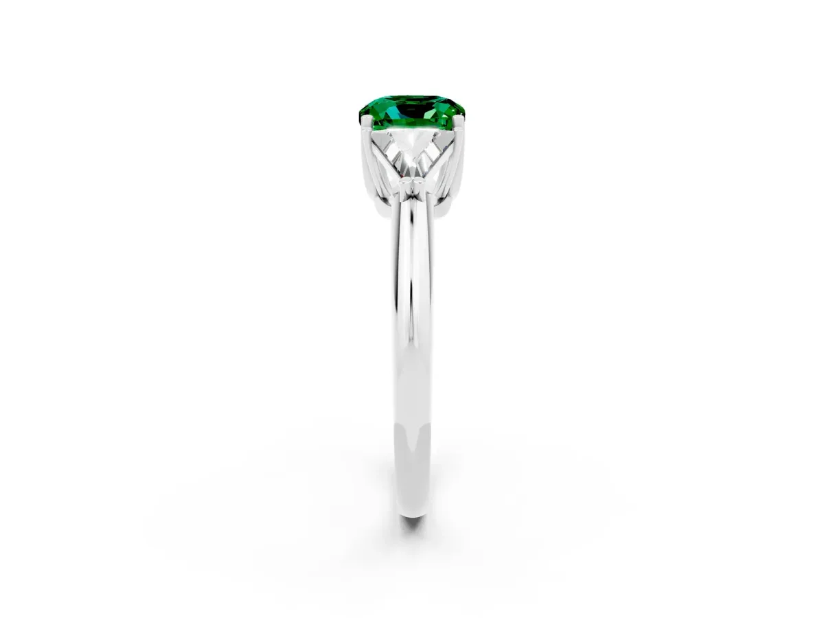 Three-Stone Cushion Cut Emerald Engagement Ring with Trillion Side Stones and Prong Setting White gold