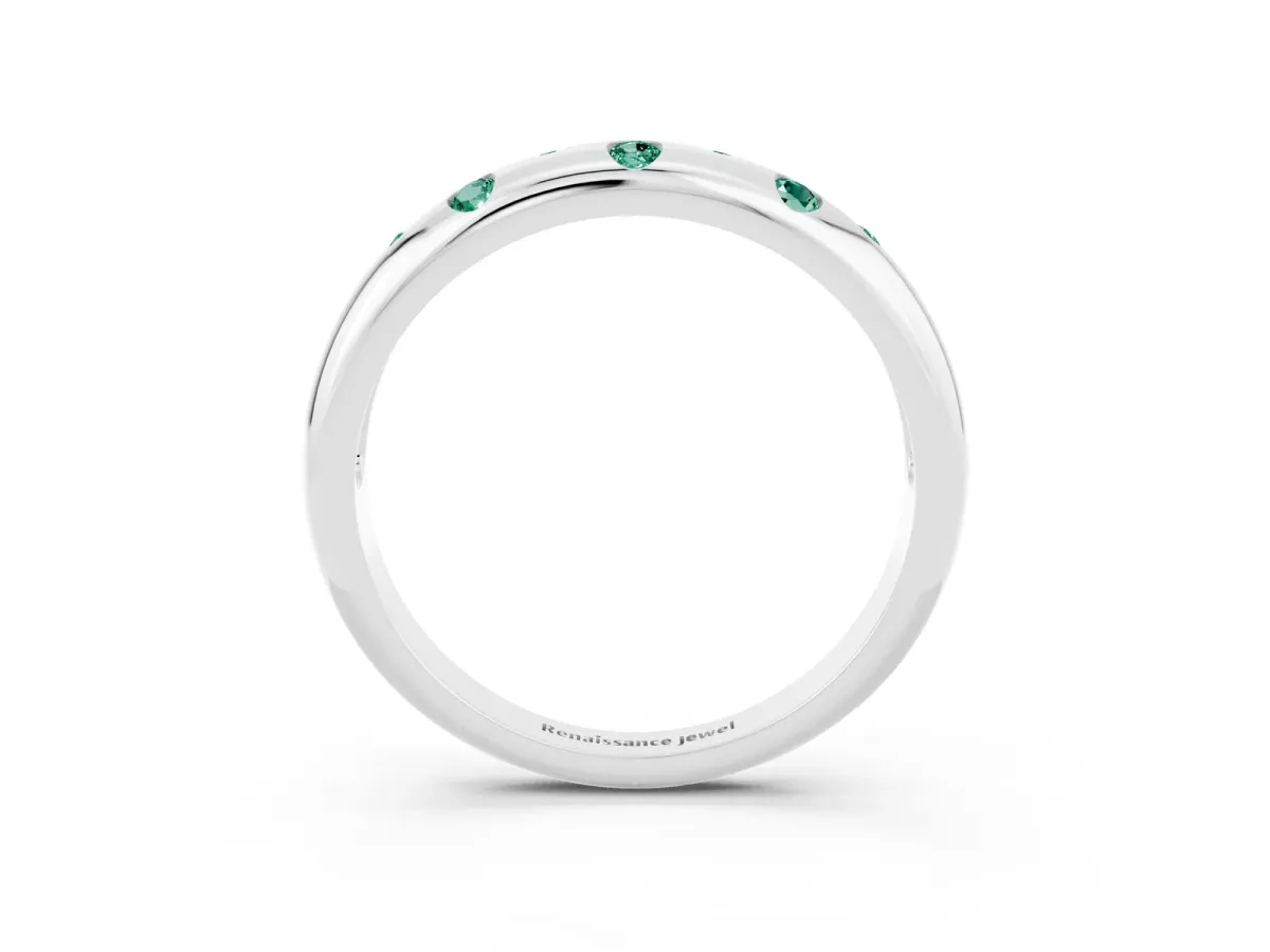 Round Green Sapphire Flush-Set Comfort Fit Band Silver