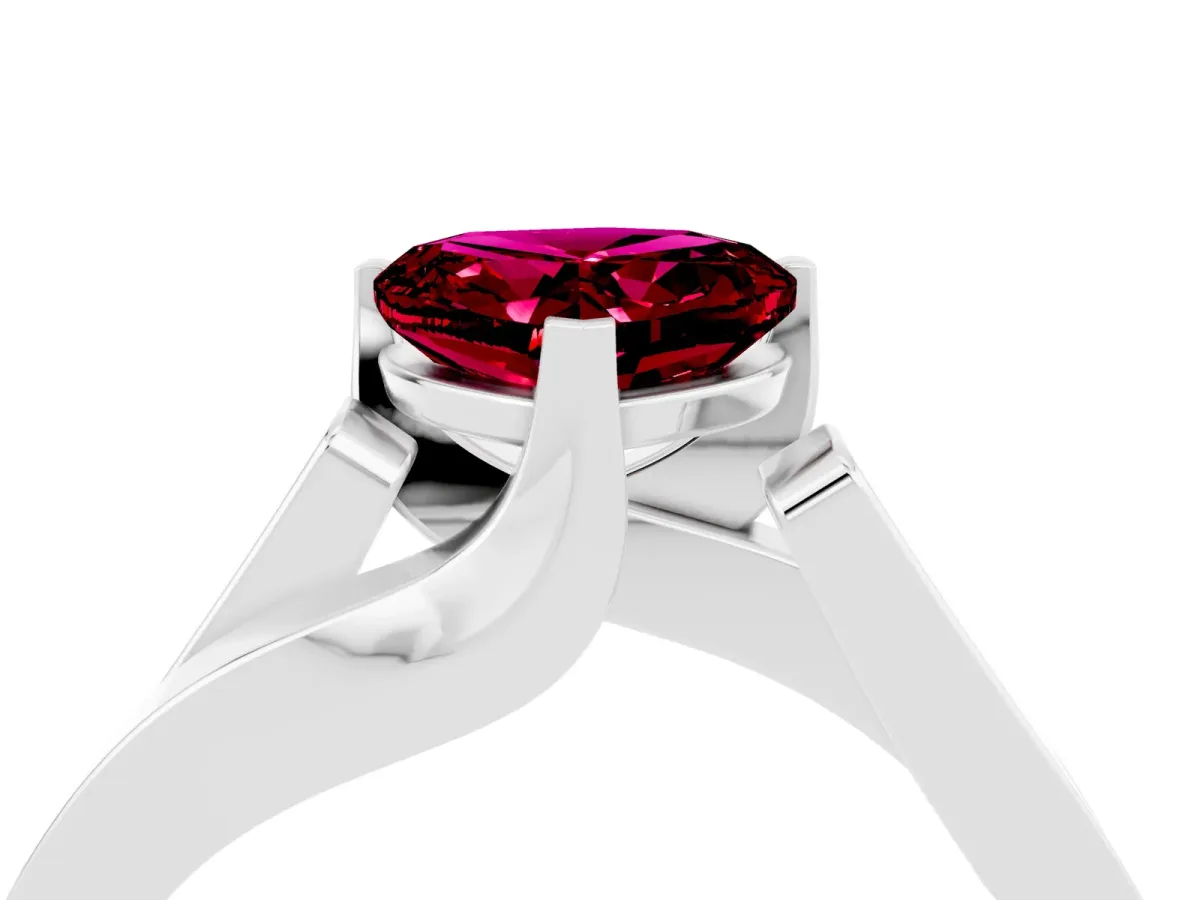 Modern Tension Set Heart Cut Garnet Solitaire Wide Band Ring Silver