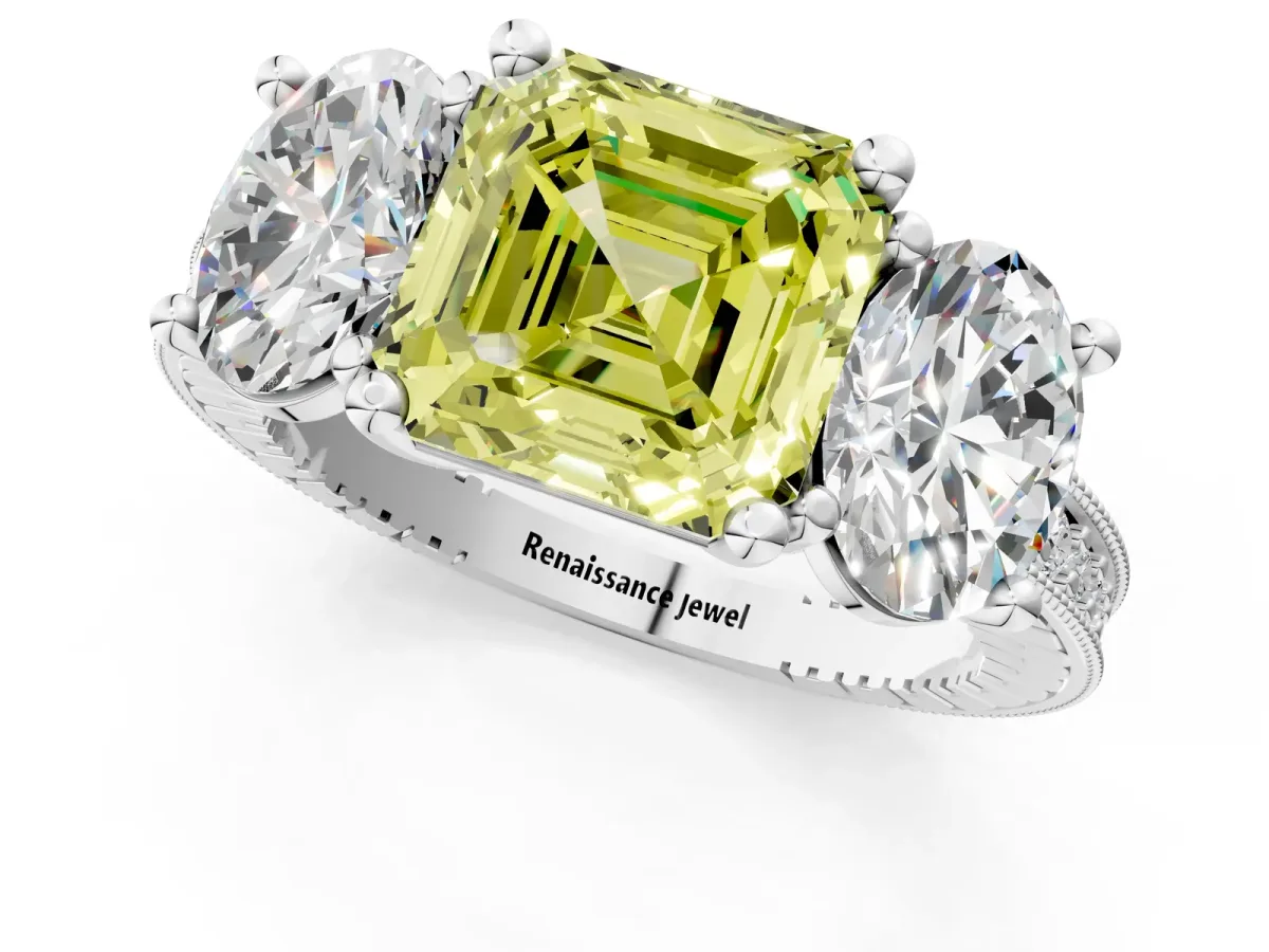Fancy Yellow Three-Stone Asscher Cut Diamond Milgrain Pave Band with Prong Setting Platinum