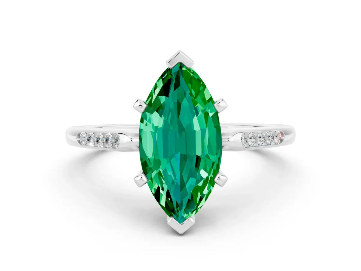 Marquise Cut Emerald Solitaire Ring with Channel Set Round Band and Prong Setting Silver