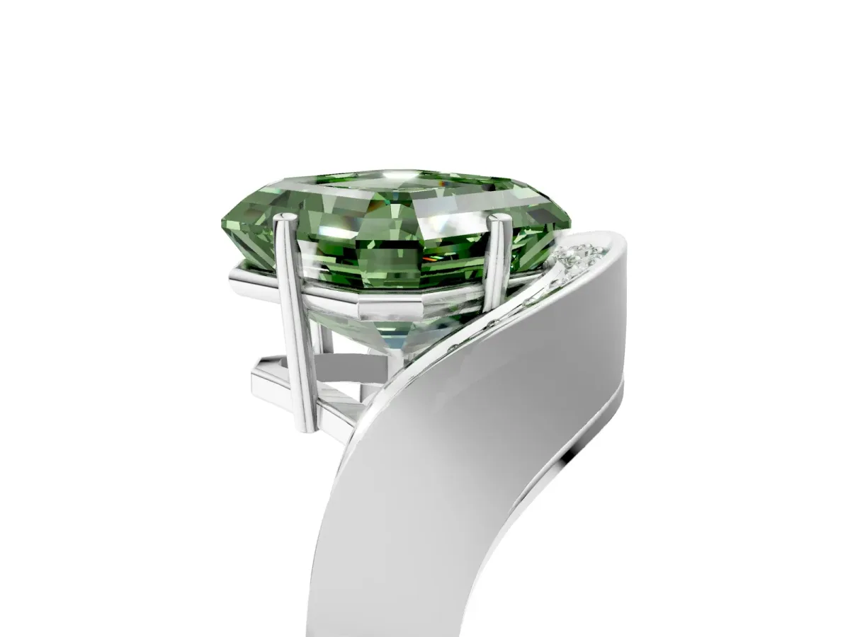 Fancy Green Asscher Cut Solitaire Diamond Engagement Ring with Pave Band and Four-Prong Setting Silver