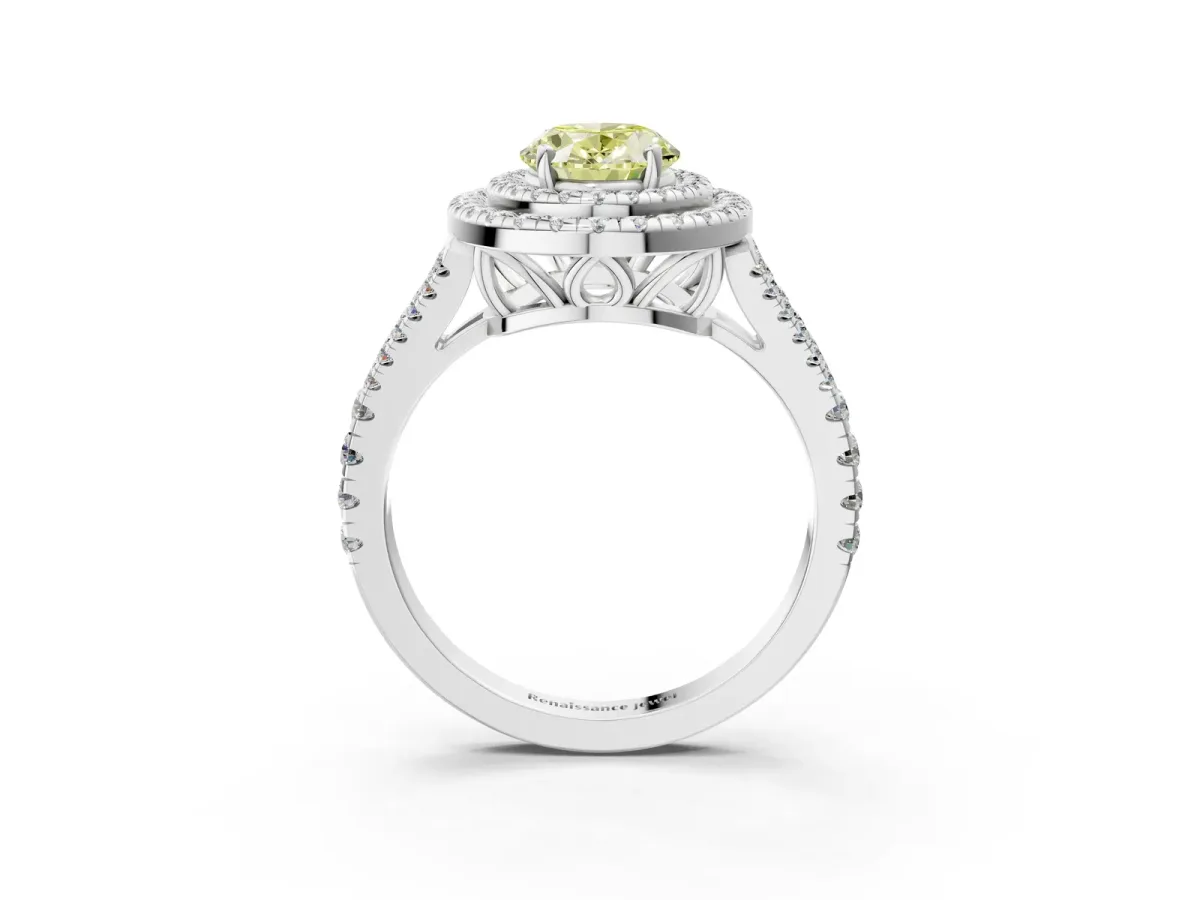 Fancy Yellow Oval Cut Diamond Double Halo Ring with Pavé Band and Prong Setting Silver