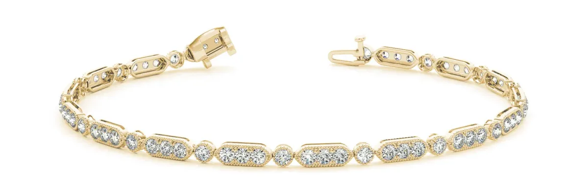 Oval Diamond Tennis Bracelet with Milgrain Bezel Setting Yellow gold