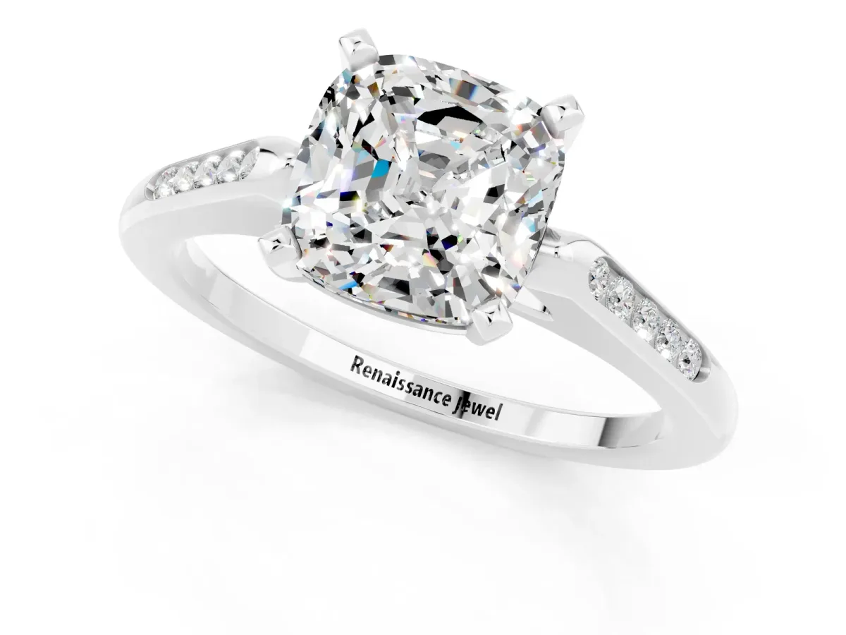 Cushion Cut Moissanite Solitaire Ring with Channel Set Round Band and Prong Setting Silver