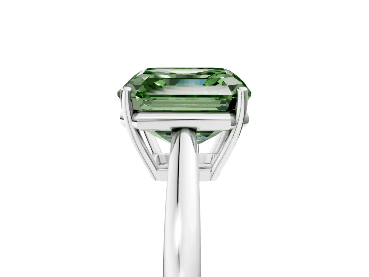 Fancy Green Asscher Cut Solitaire Diamond Ring with Split Shank and Four-Prong Setting Platinum