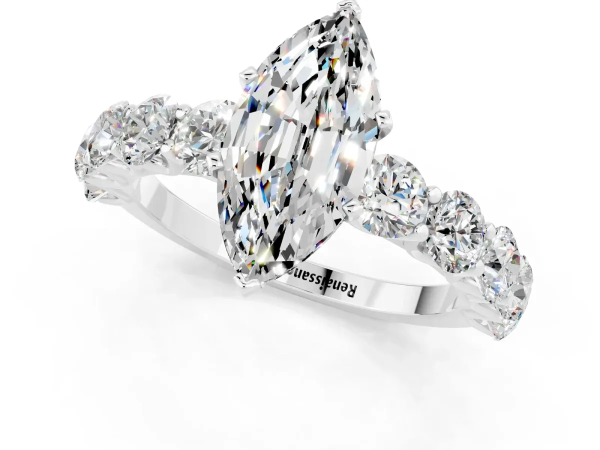 Marquise Cut Moissanite Prong Setting with Side Stones on a Pave Band Silver