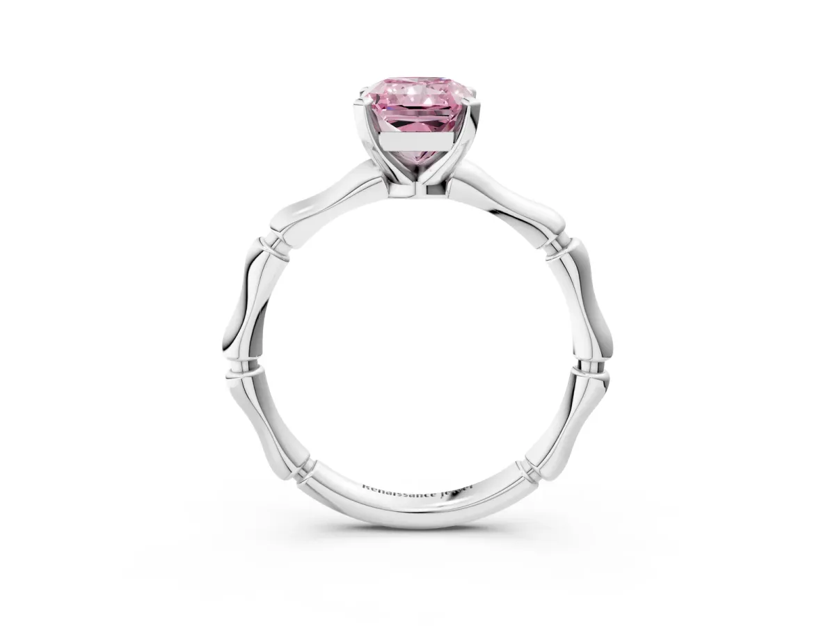Fancy Pink Radiant Cut Solitaire Diamond Ring with Bamboo Band and Four-Prong Setting Platinum