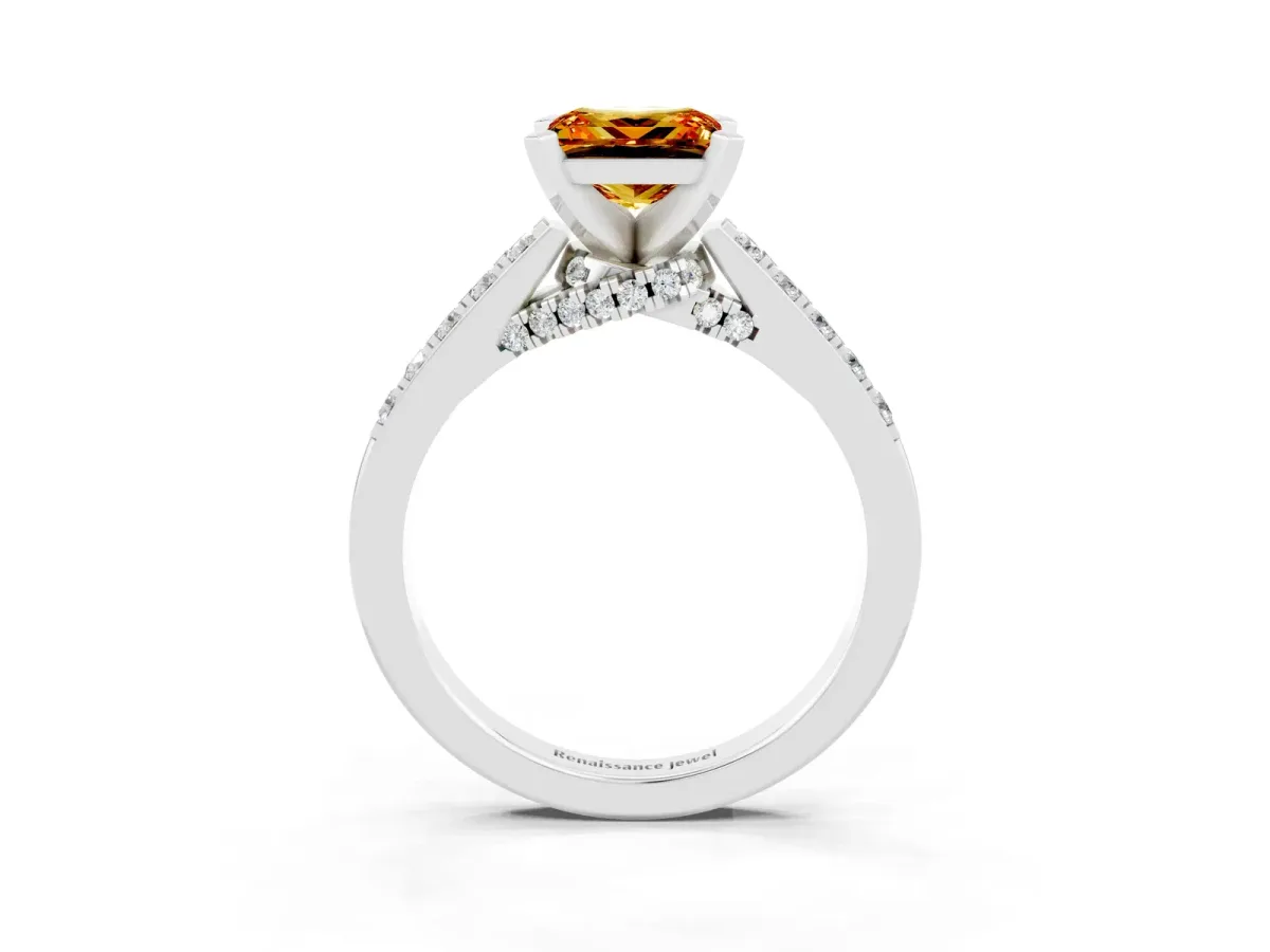 Princess Cut Citrine Solitaire Ring with Crossover Gallery and Round Pavé Band Silver