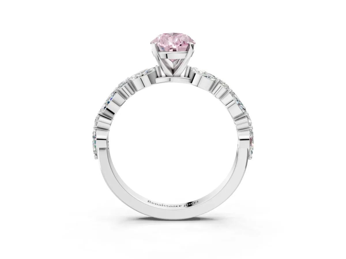 Fancy Pink Pear Cut Diamond Ring with Marquise and Round Side Stones and Four-Prong Setting Silver