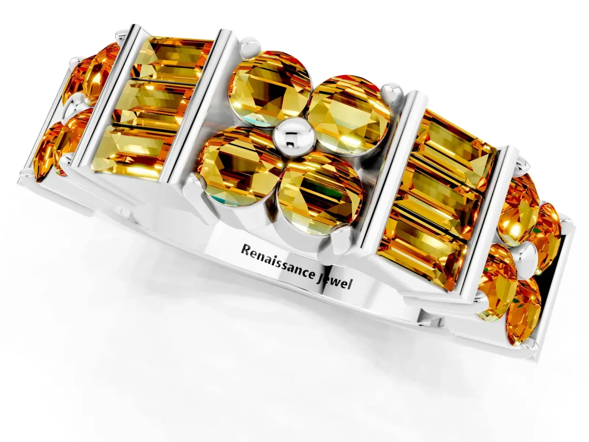 Channel Set Round and Baguette Citrine Anniversary Band with Prong Setting Silver