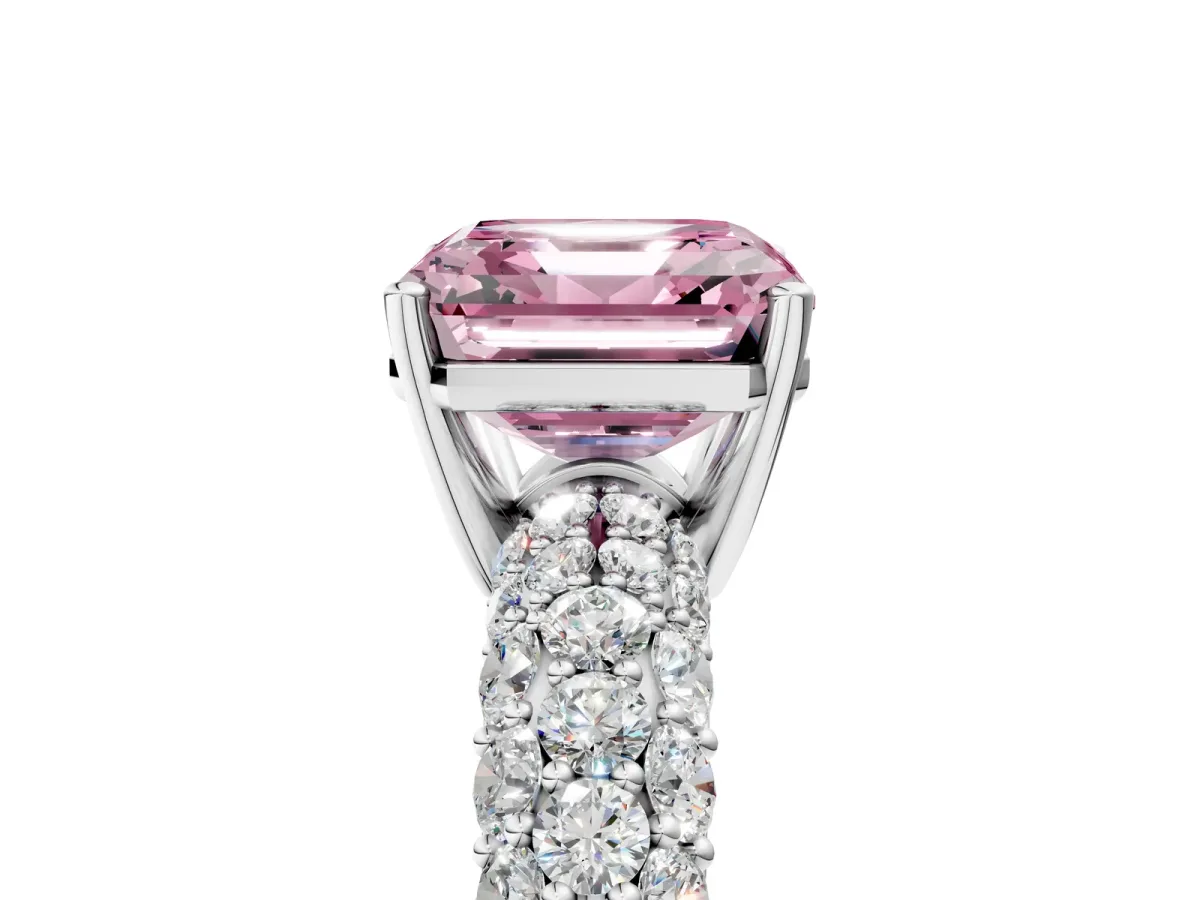 Fancy Pink Asscher Cut Diamond Pavé Band Solitaire Ring with Four-Prong Setting Platinum
