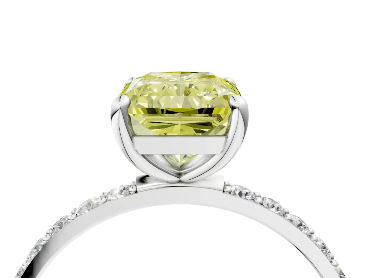 Fancy Yellow Radiant Cut Diamond Solitaire Ring with Round Pavé Band and Prong Setting Silver