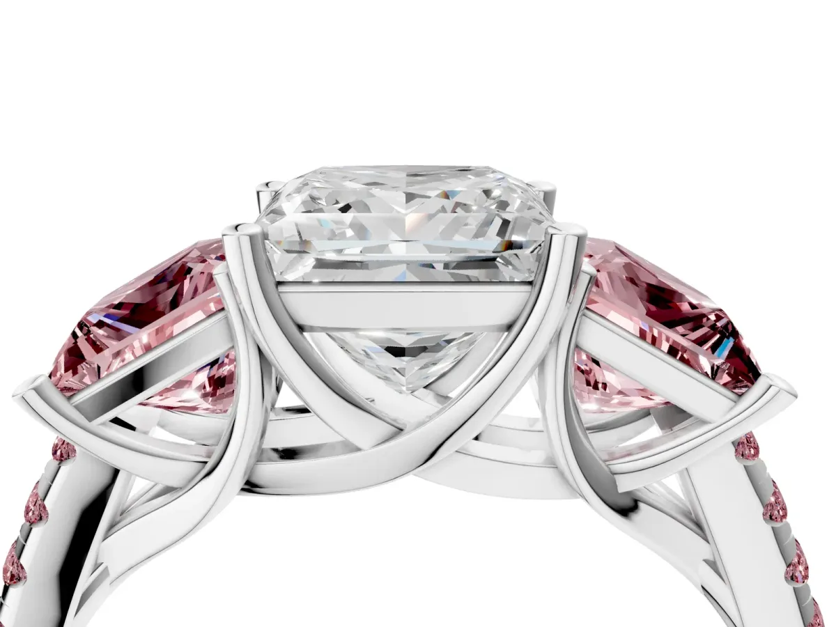 Three-Stone Princess Cut Diamond Ring with Round Morganite Pavé Band and Prong Setting Silver