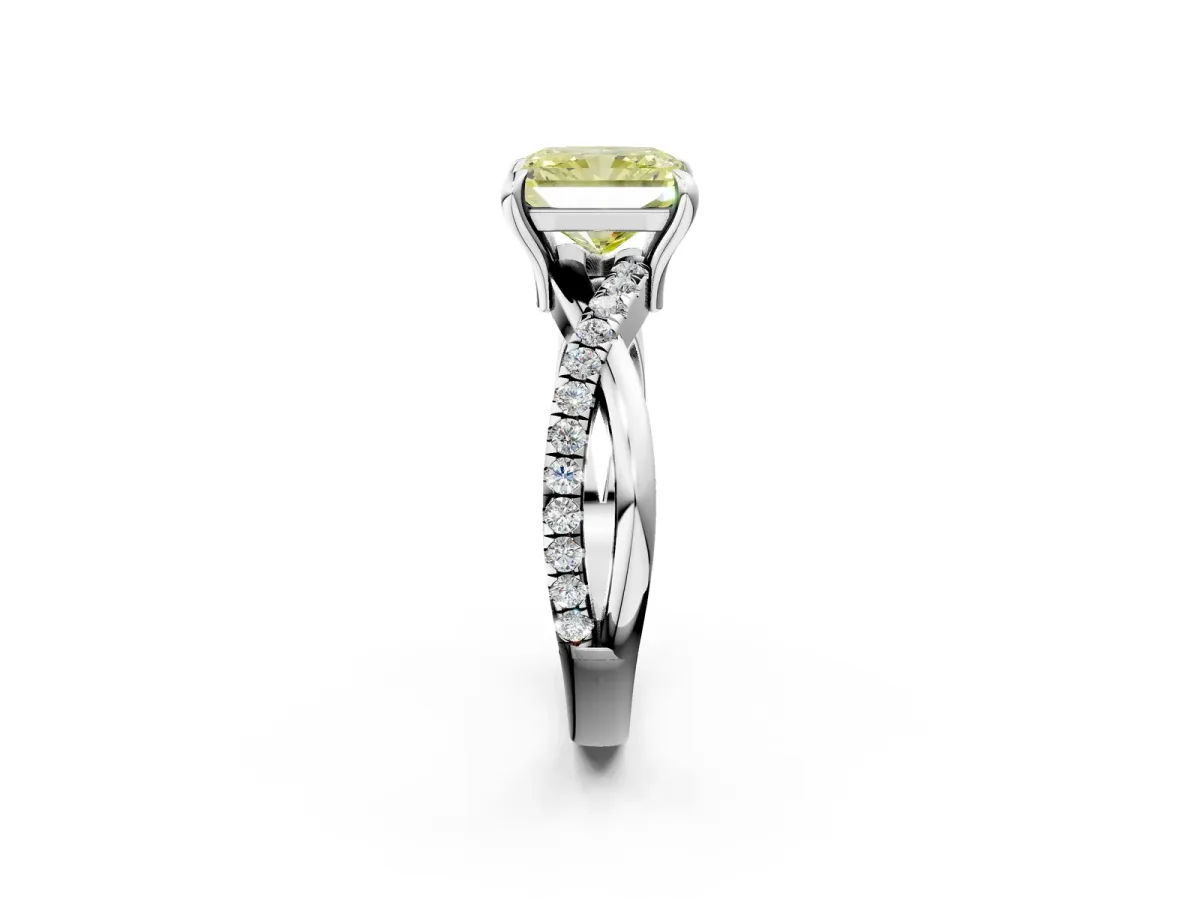 Fancy Yellow Radiant Cut Cut Twist Band Solitaire Diamond Ring with Pavé Setting Platinum