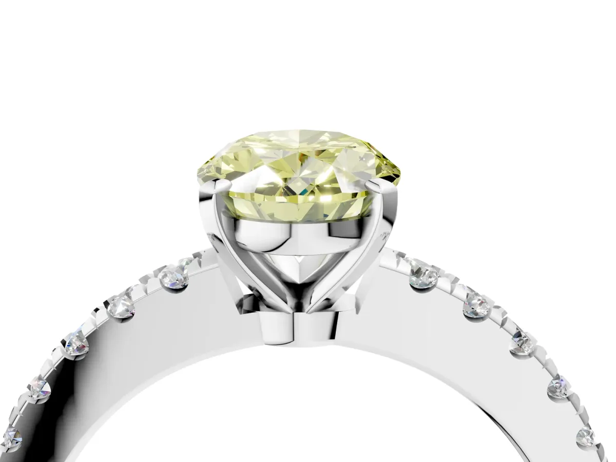 Fancy Yellow Oval Cut Solitaire Diamond with Pavé Band and Four-Prong Setting Silver