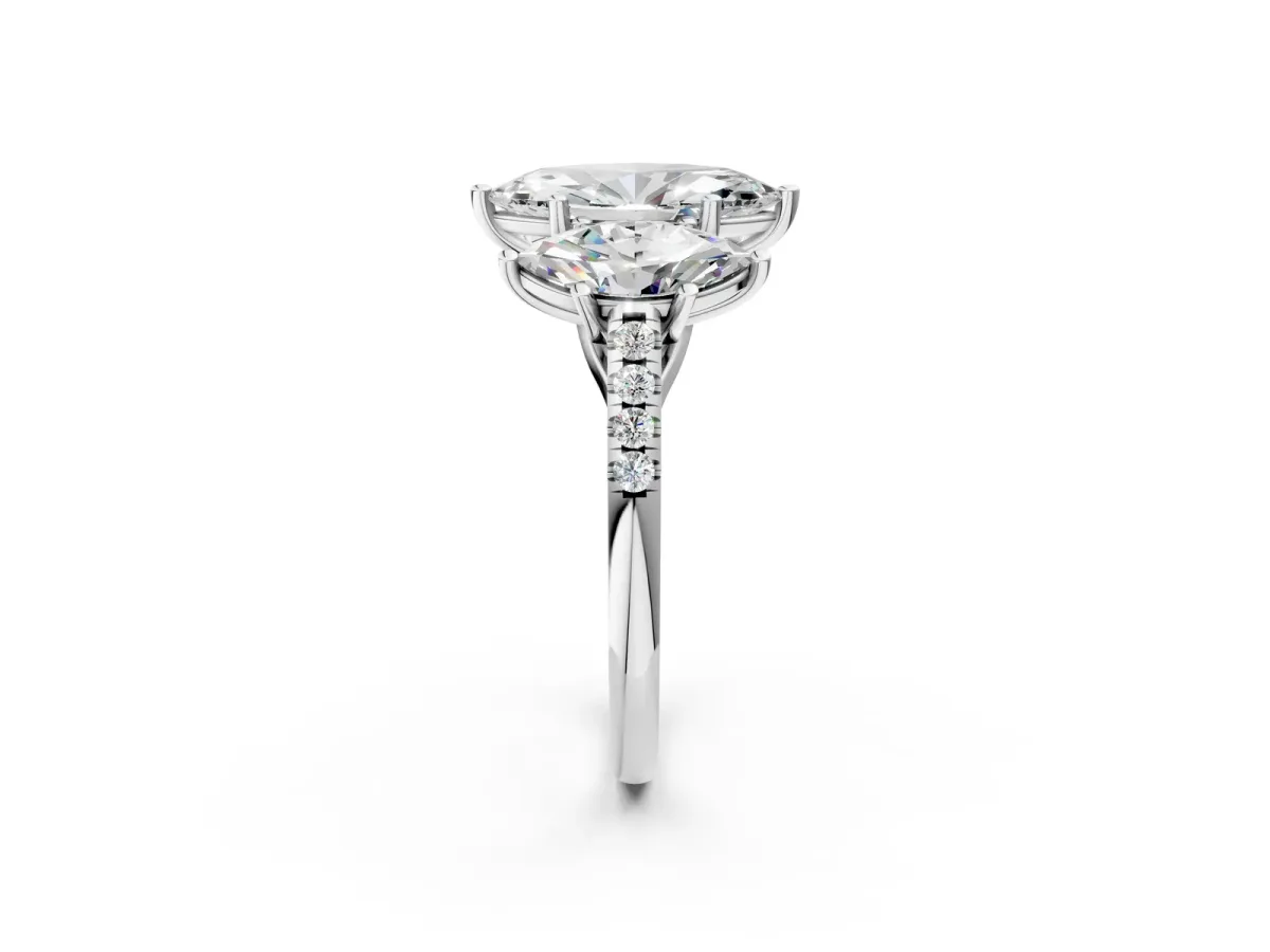 Three-Stone Marquise Cut Diamond Ring with Round Moissanite Pavé Band and Prong Setting Silver