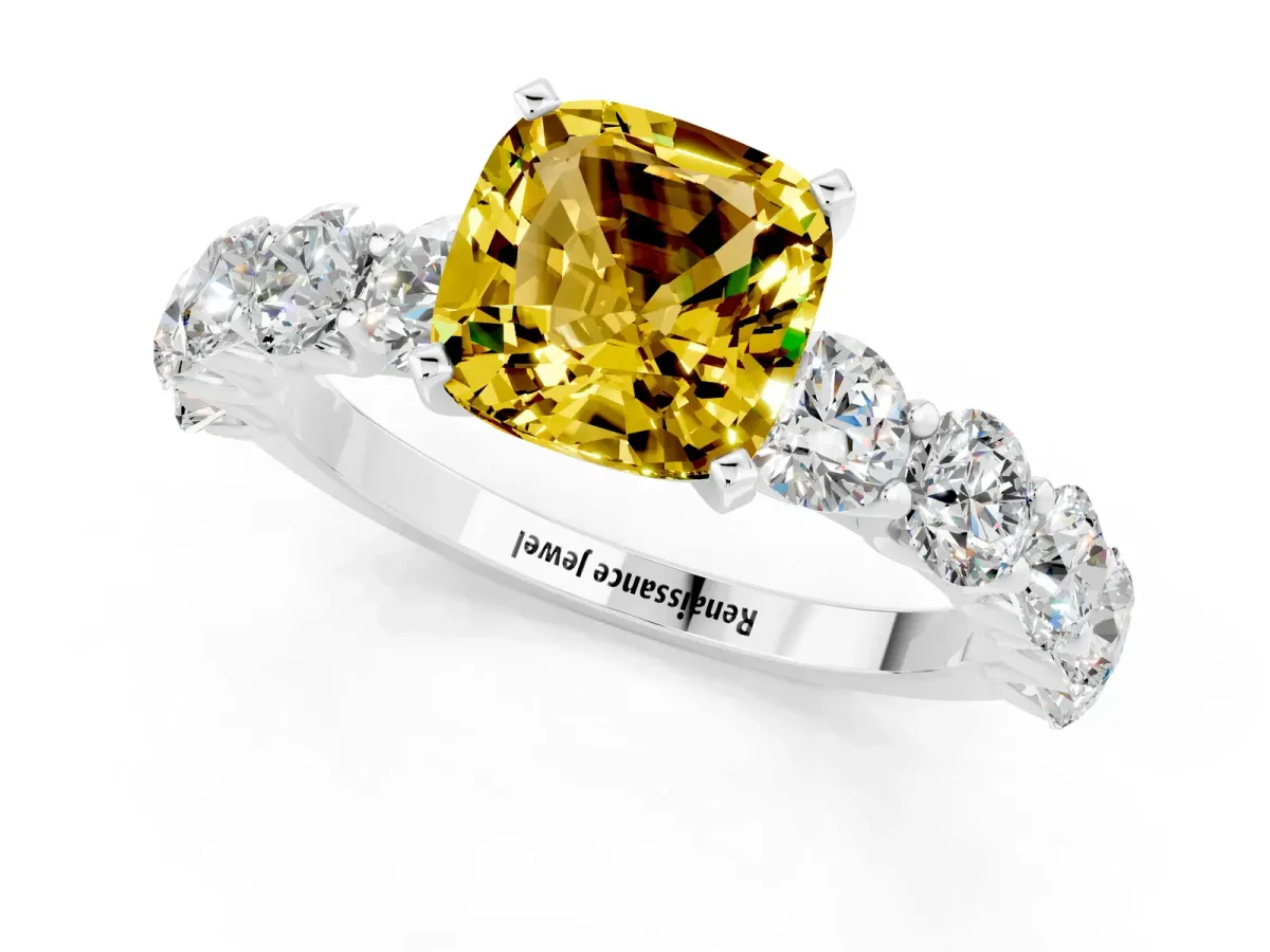 Cushion Cut Yellow Sapphire Prong Setting with Side Stones on a Pave Band Silver