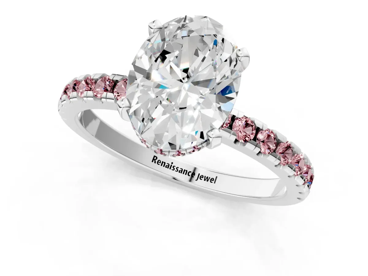Oval Cut Diamond Solitaire Ring with Round Morganite Pavé Band and Four-Prong Setting Silver