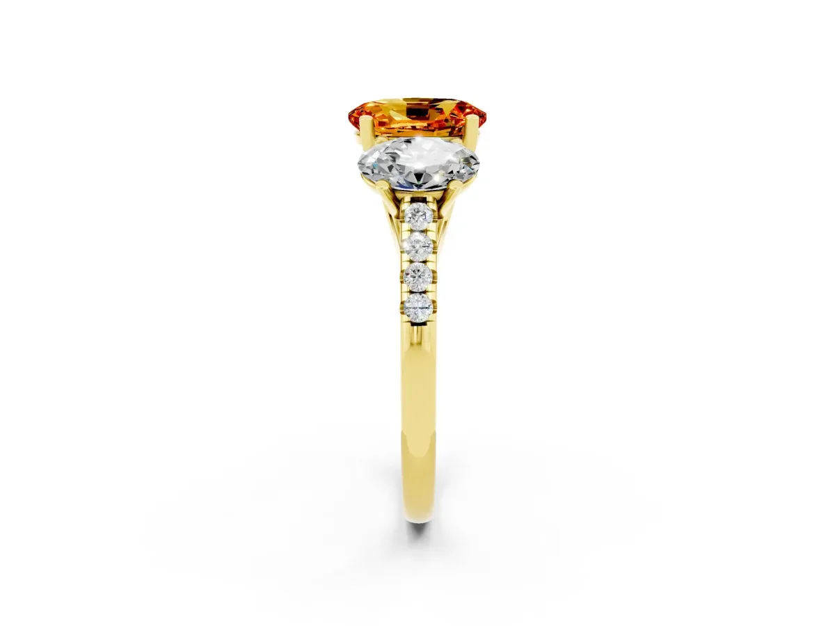 Three-Stone Oval Cut Citrine Ring with Round Pavé Band and Prong Setting Yellow gold