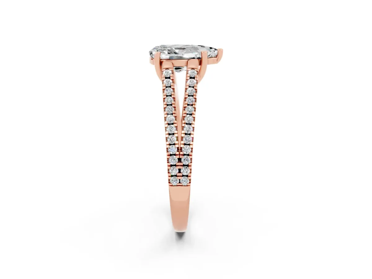 Pear Cut Moissanite Solitaire Engagement Ring with Split Shank Pavé Band Rose gold