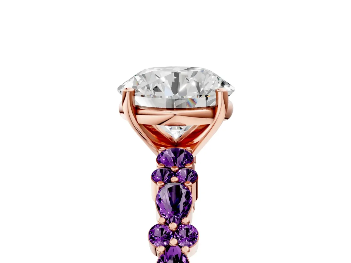 Round Cut Diamond Side Stone Solitaire Ring with Round Amethyst and Four-Prong Setting Rose gold
