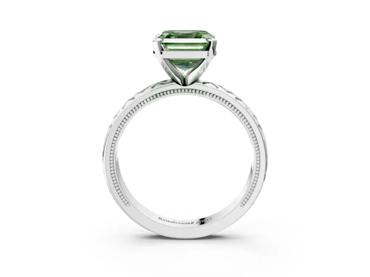 Fancy Green Asscher Cut Solitaire Diamond Ring with Milgrain and Black Enamel X Pattern Band Platinum