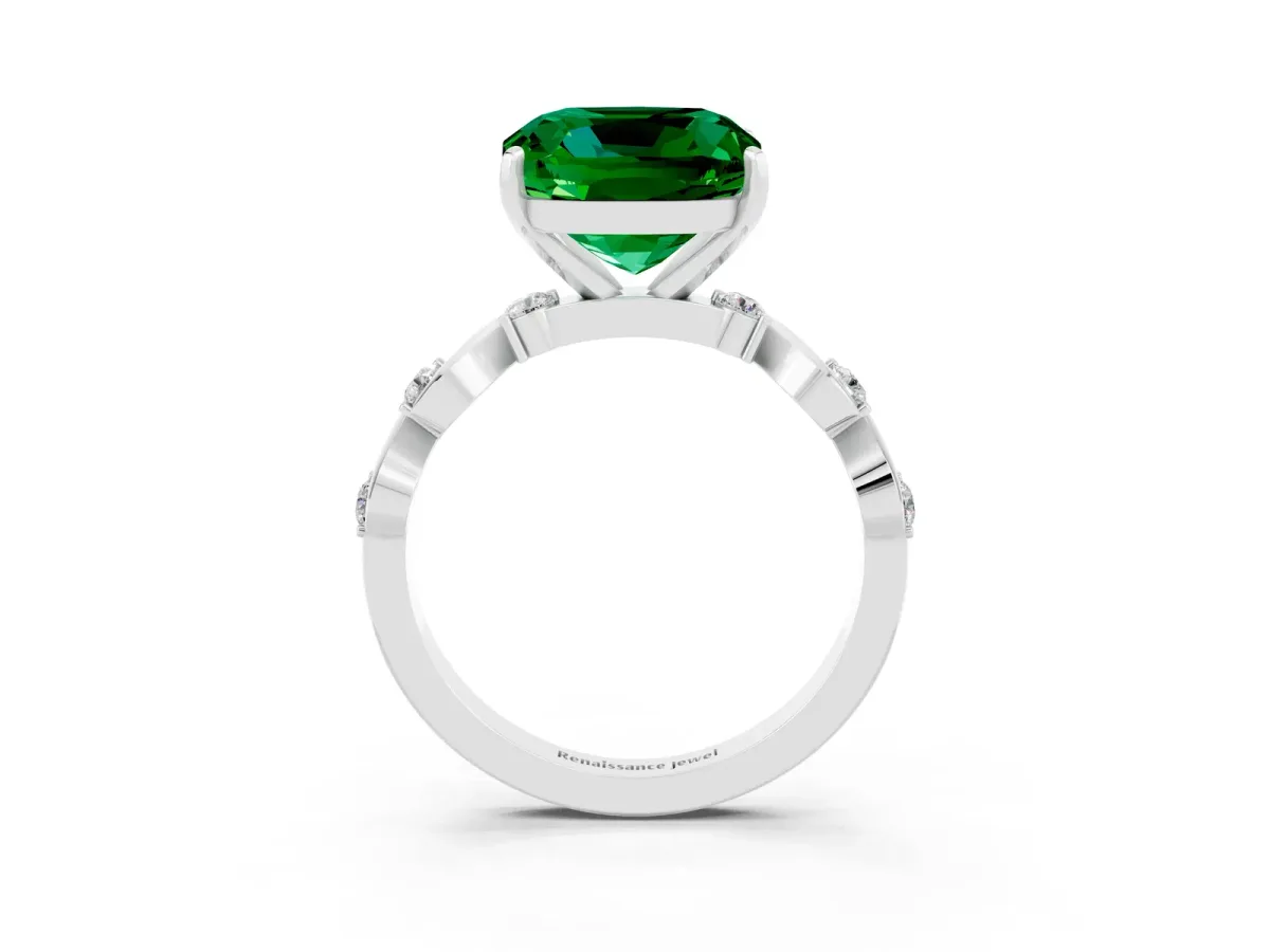 Cushion Cut Emerald Solitaire Twisted Band with Round Accents and Prong Setting Silver